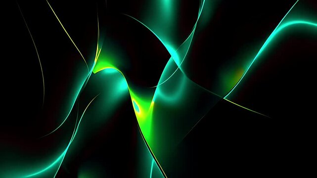 Abstract background with flowing glowing green light waves on a black background.