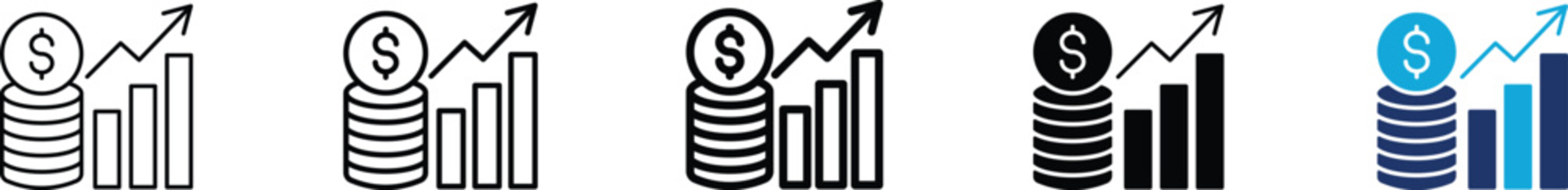 Revenue icon set showing professional financial growth bar chart with stack of dollar coins and upward arrow for business profit sales market analysis and economy return