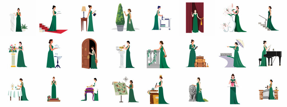 Collection of illustrations featuring an elegant woman in a green evening gown performing various hospitality and luxury event roles.
