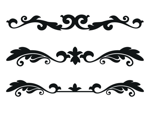 Vintage decorative flourishes, ornamental corner and divider elements isolated on white background. Retro swirls, scrolls for invitations, cards, frames, or design in classic and baroque styles.

