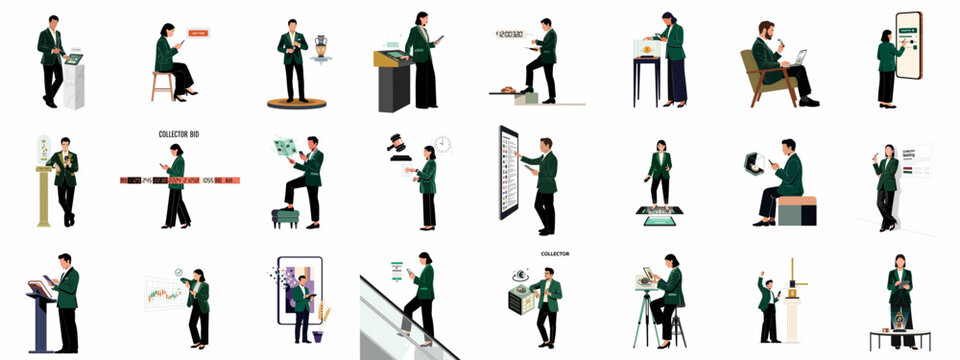 Flat vector illustrations of professional art collectors and bidders using digital technology for auctions, financial analysis, and luxury item acquisition.