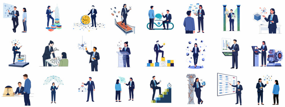 Comprehensive collection of business technology and data science illustrations featuring professionals interacting with artificial intelligence, big data, networking, and corporate growth strategies.