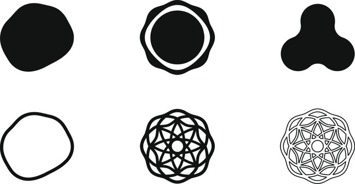 minimalist geometric icon set with abstract shapes, rings, and polygonal mandala designs