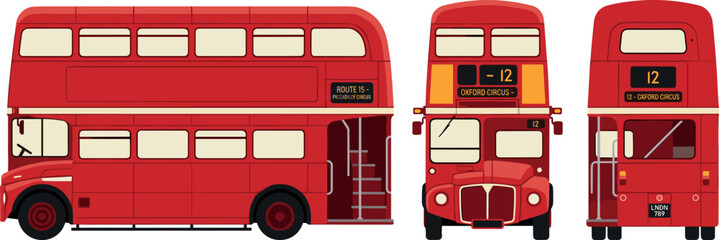 Vintage London Red Double Decker Bus Vector Set Featuring Routemaster Transit Vehicle Shown from Side Front and Back Views with Route Details © EdGe Creative