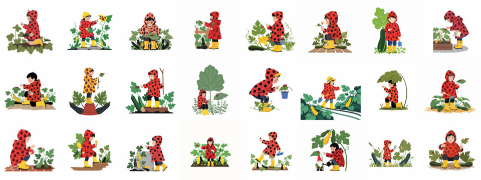 Collection of flat illustrations showing a young girl in a ladybug raincoat gardening, watering vegetables, and discovering nature in the backyard.
