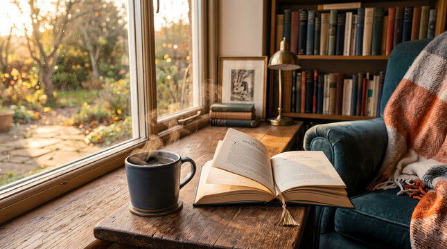 Cozy reading nook with a steaming cup of coffee by a sunlit window