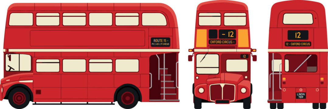 Vintage London Red Double Decker Bus Vector Set Featuring Routemaster Transit Vehicle Shown from Side Front and Back Views with Route Details