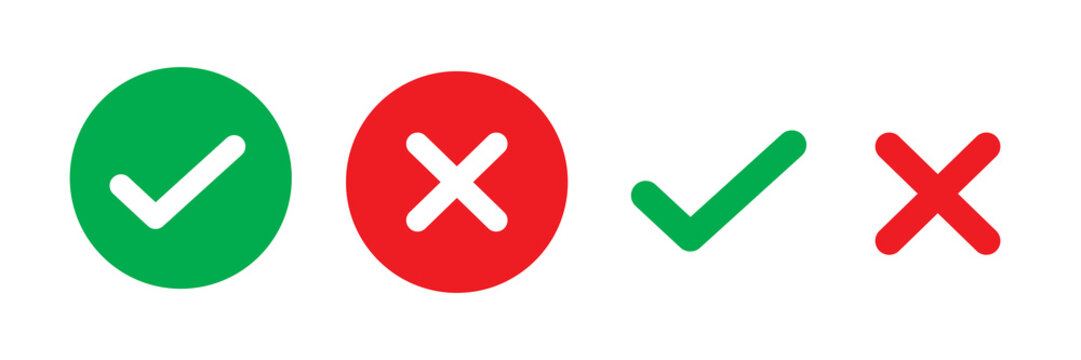 Sharp green checkmark and red cross icon set on white background. Modern flat design tick and wrong symbol collection vector illustration