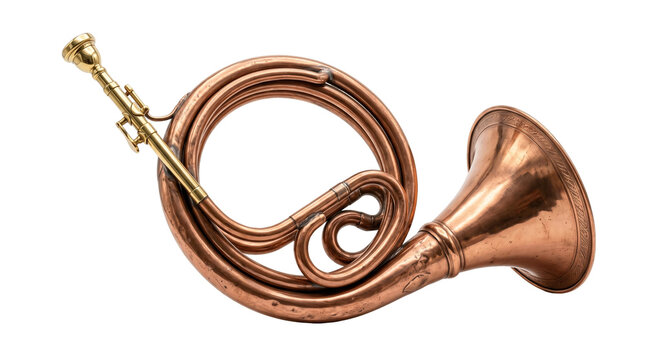 Vintage copper post horn isolated on a clean white background.