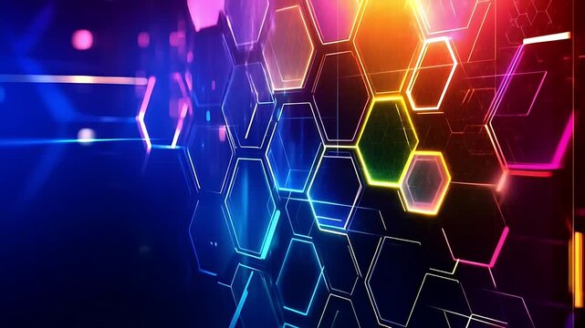 Abstract background featuring glowing neon hexagonal shapes and vibrant colorful light patterns.