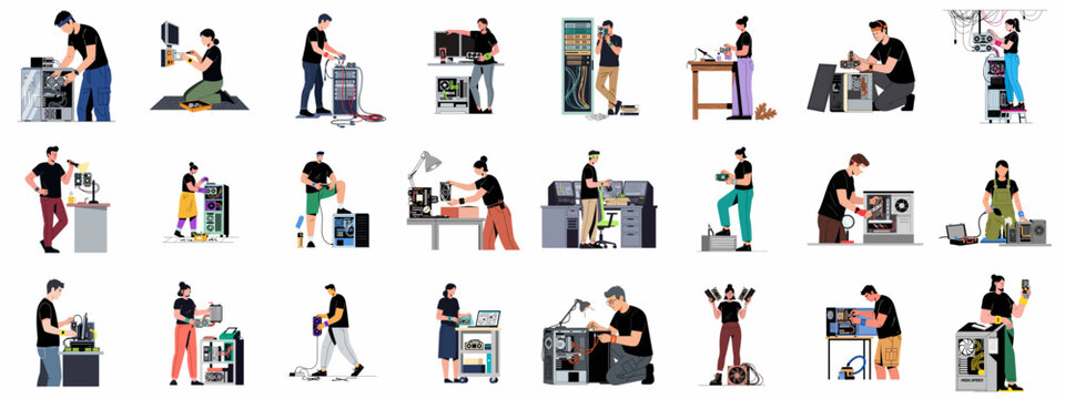 Comprehensive set of vector illustrations featuring men and women technicians assembling, repairing, and maintaining desktop computers and server hardware in various settings.
