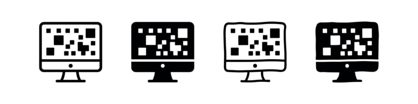 Four icons of a computer monitor displaying a QR code in different styles.