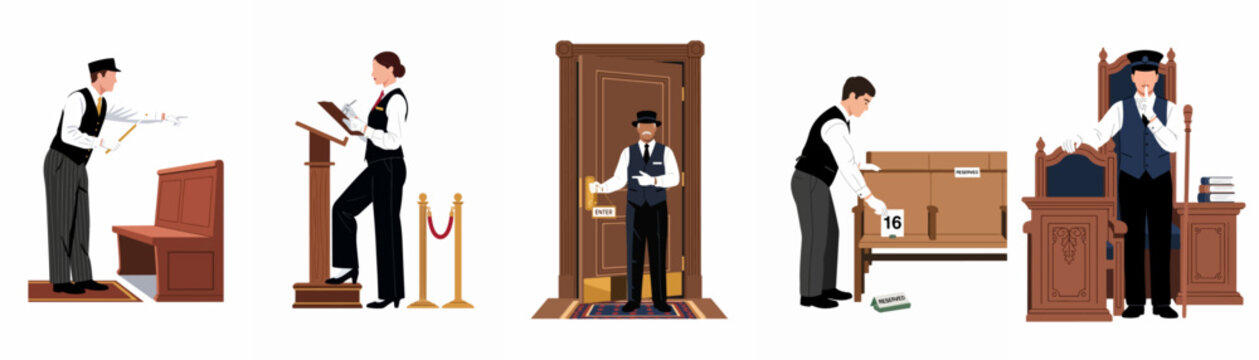Vector illustration of professional theater staff, including ushers, doormen, and receptionists performing various duties in a formal venue or hospitality setting.