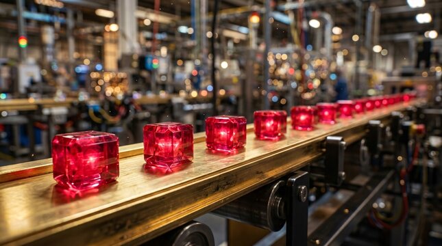 Perfectly carved translucent glowing ruby red crystal cubes move steadily along a sleek metallic gold conveyor belt with bokeh background.