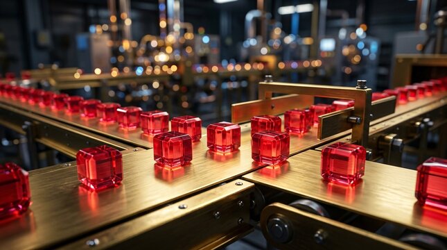 Perfectly carved translucent glowing ruby red crystal cubes move steadily along a sleek metallic gold conveyor belt with bokeh background.