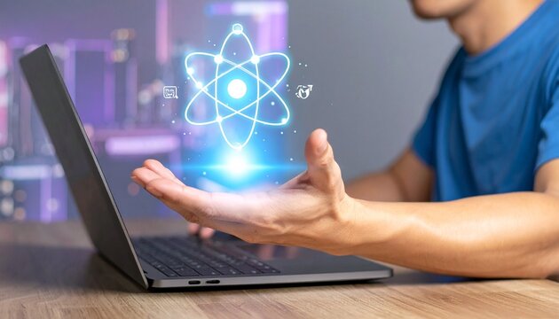 Person with laptop projecting glowing atom and physics symbols