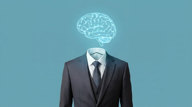 A headless businessman in a dark suit and tie has a glowing blue digital brain superimposed above his collar mind technology concept idea intelligence abstract futuristic