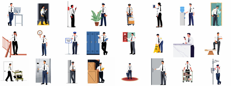 Collection of security guard characters performing various professional duties and tasks in different workplace environments, isolated on white background.