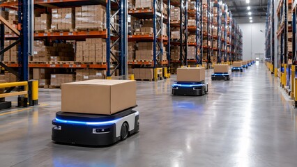 Naklejka premium Autonomous warehouse robots transporting boxes through logistics center
