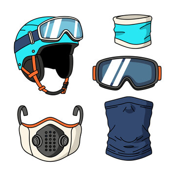 Set of winter sports gear including ski helmet with goggles, face mask, neck warmer, protection for snowboarding and cold weather activities