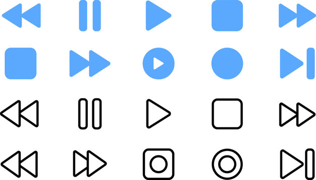 Set of various media player control icons in blue and black