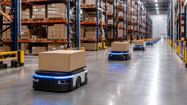 Autonomous warehouse robots transporting boxes through logistics center