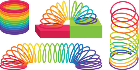 Obraz premium Retro Rainbow Magic Spring Toy Set with Various Angles and Shapes Showing Coiled Stretched and Bending Positions Flat Vector Illustration Collection
