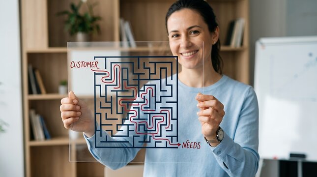 Smiling woman holds clear board displaying maze from customer to needs with red path showing solution Photography customer journey customer needs labyrinth