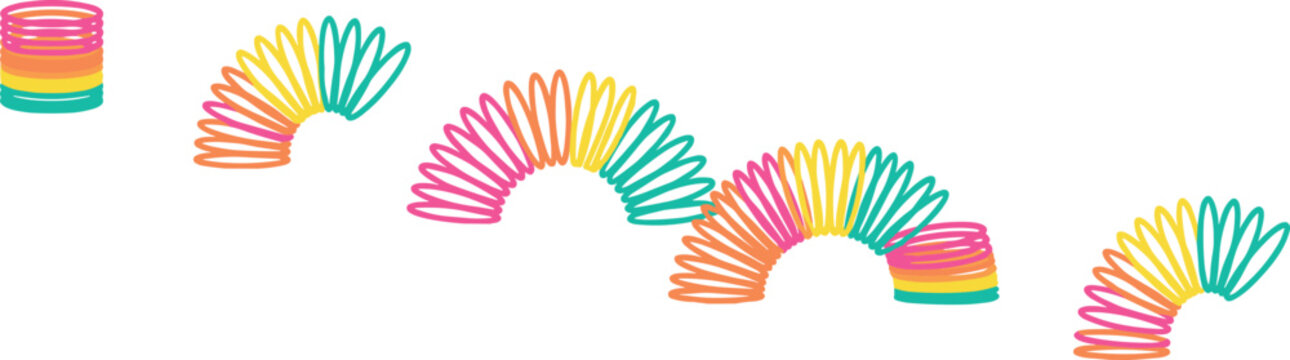 Retro Rainbow Magic Spring Toy Walking Down Stairs Infographic Sequence Showing Movement Stages of Classic 90s Nostalgic Slinky Toy Vector Illustration