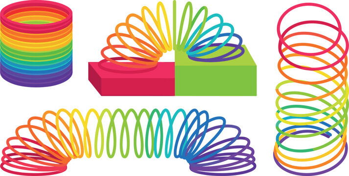 Retro Rainbow Magic Spring Toy Set with Various Angles and Shapes Showing Coiled Stretched and Bending Positions Flat Vector Illustration Collection