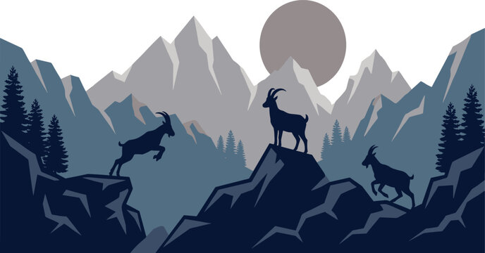 Mountain Goat Wildlife Landscape Illustration with Alpine Peaks, Forest Silhouettes, Rocky Cliffs, and Majestic Nature Adventure Scene