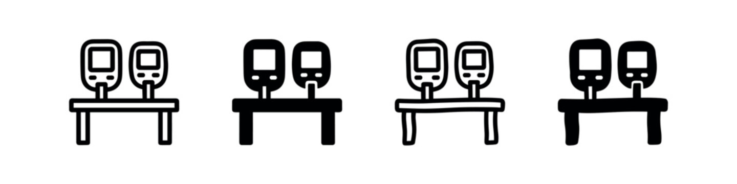 Four icons of blood pressure monitors, line art and solid fill