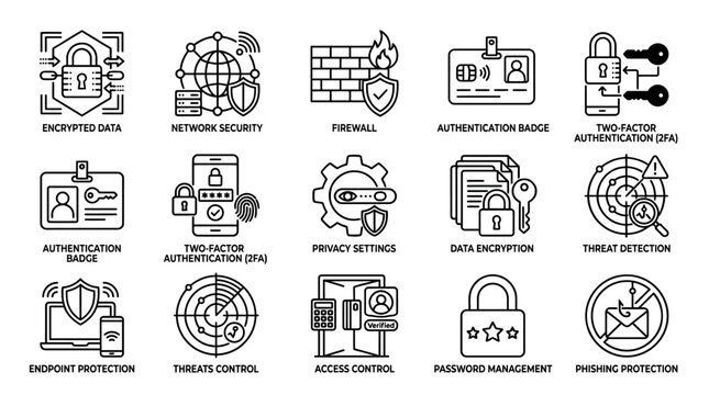 Collection of outline icons representing various cybersecurity threats, protection measures, and digital risks.