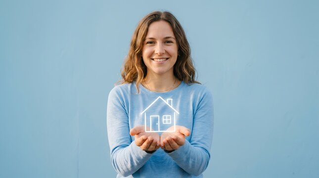 Smiling young woman gently holding a glowing outline of a house in her cupped hands symbolizing home ownership and dreams real estate dwelling property housing concept idea