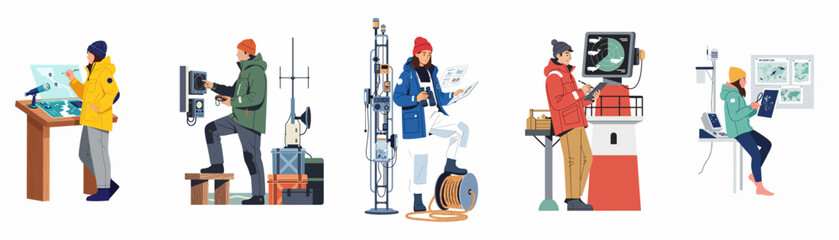 Vector illustrations of polar researchers and marine biologists conducting scientific fieldwork, monitoring wildlife, and analyzing data in arctic or antarctic environments. © Anna