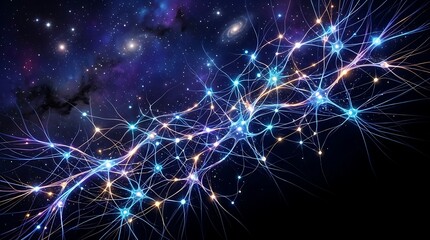 Fototapeta premium Cosmic neural network glowing with interconnected light synapses against a starry galaxy background, representing abstract thought and universal connection