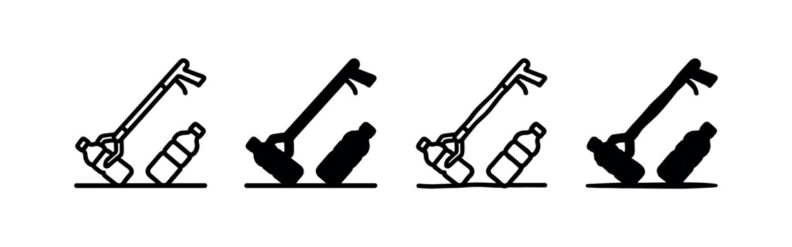 Trash picker and bottle icons set: outline and silhouette