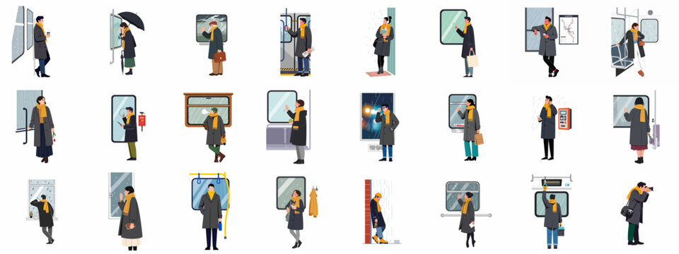 A collection of various people in winter coats and scarves commuting on a train or standing in the rain, displayed as separate cartoon illustrations.