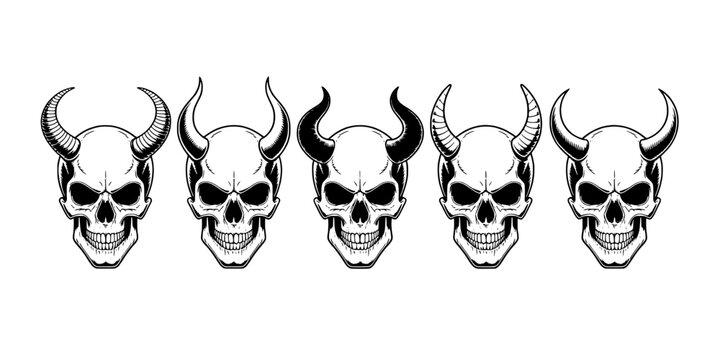 Skull Horn Head Icon Set with Black Flames and Gothic Biker Style for Tattoo Stencil and T-Shirt Designs