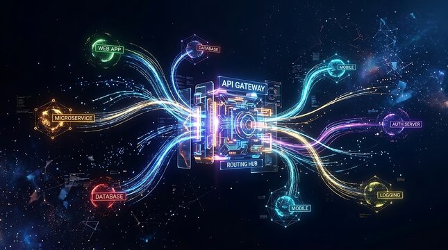 Digital API gateway connecting various data services with glowing colorful data streams in a futuristic network environment