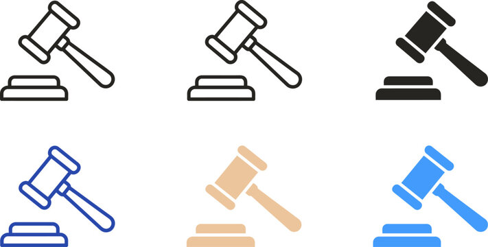 Five different styles of judge's gavel icons in various