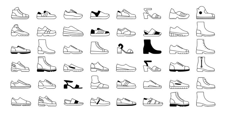 Sneakers and Shoes Set with Various Designs and Styles for Fashion and Casual Wear Featuring Athletic, Sporty, Black with White and High-Top Elements