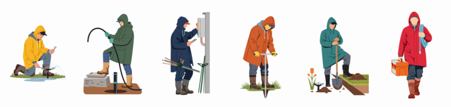 Collection of male utility workers in colorful raincoats performing outdoor maintenance, repair, and installation tasks like irrigation, electrical work, and landscaping.