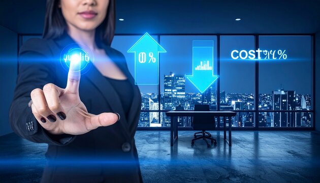 Businessman touching virtual interface showing growth and cost reduction