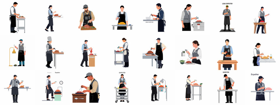 Collection of illustrations showing professional kitchen expediters checking food temperature with digital probes to ensure food safety in a restaurant environment.