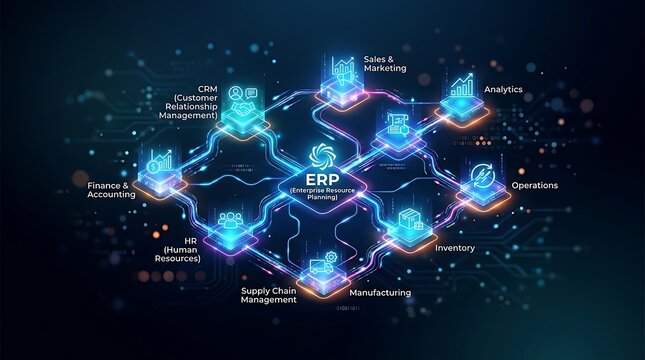 Enterprise Resource Planning ERP system diagram connecting business functions with glowing digital nodes and lines on dark background