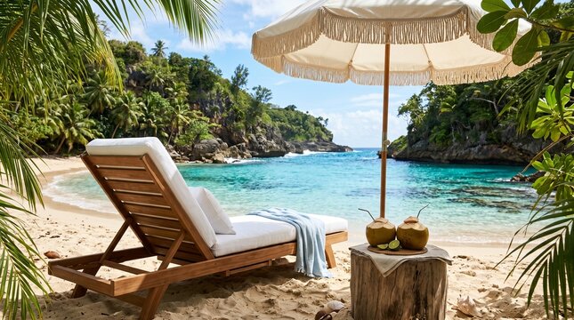 Sunbed rests on a pristine tropical beach under a parasol with refreshing coconut drinks nearby for a relaxing summer holiday vacation experience.