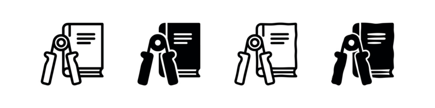 Hand gripper and a book icon set, fitness training and self-improvement symbol