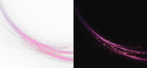 Abstract purple neon light trail on white and black background, glowing wavy line with sparkles © Maxim