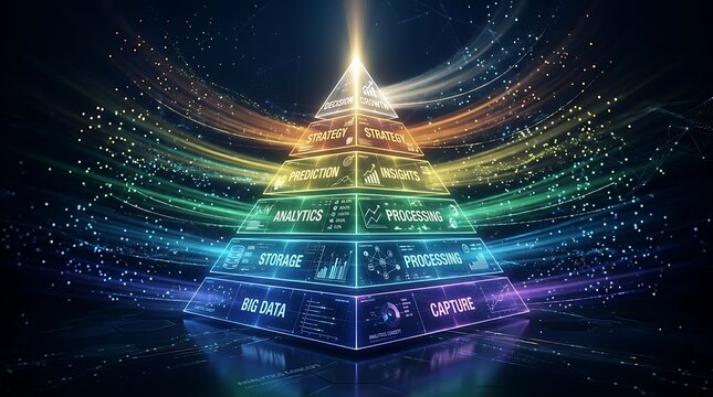 Digital pyramid showcasing big data analytics processing and storage with abstract glowing light streams and futuristic technology concept